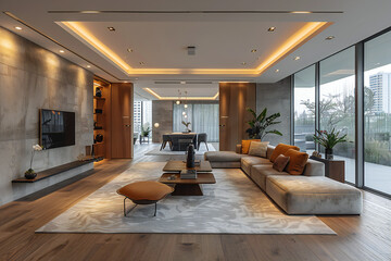 Obraz premium Luxurious Modern Apartment Interior with Elegant Wooden Doors Opening to Living Space on Sunny Day
