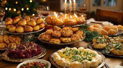 Fototapeta premium A traditional Hanukkah dinner table with latkes, sufganiyot, and other festive foods 