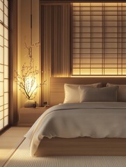 Serene bedroom showcases minimalist design with soft neutral tones