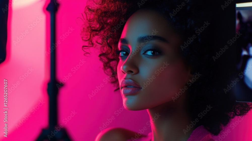 Poster a photography studio setup capturing a live model under varying lighting conditions featuring a moni