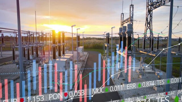 Technical power plant and electricity facility illuminated by the warm glow of the setting sun. Digital graphs and stock market data overlays in the foreground visualize rising energy prices