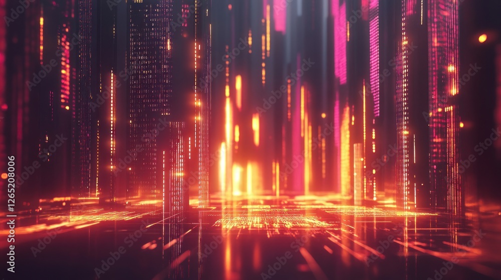 Poster abstract technological cityscape with glowing data streams and connections