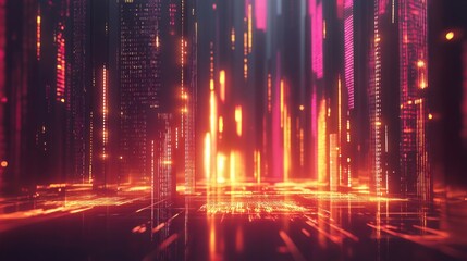 Naklejka premium Abstract Technological Cityscape with Glowing Data Streams and Connections