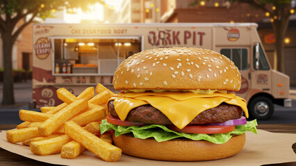 Savor the pleasure of a food truck specialty featuring a cheese-topped pork burger, served alongside a generous portion of fries