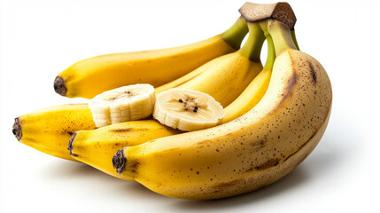Bunch of ripe bananas with visible imperfections and sliced pieces on white