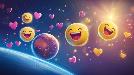 Celebrating Random Acts of Kindness Day on February 17 with flying hearts and smiling faces around planet Earth. Concept of compassion, generosity, and positivity in a colorful vector illustration.