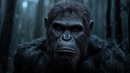 Obraz premium A hauntingly realistic half-man, half-Sasquatch hybrid with dark fur, piercing eyes, and a rugged face, standing in a misty forest with an eerie, mysterious atmosphere – AI Generated Digital Art.