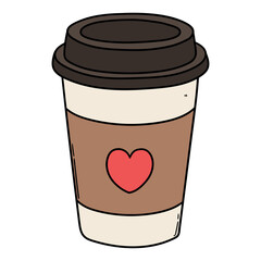 Hand drawn cartoon paper coffee cup with heart on white background.