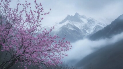 Sakura Blossom Tree Framed by Majestic Snow-Capped Mountains and Misty Atmosphere Evoking Tranquil Serenity