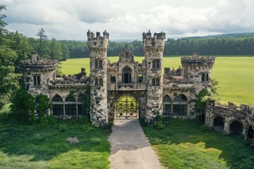 Obraz premium A massive stone castle with a grand entrance gate, surrounded by lush green fields