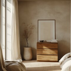 Warm toned bedroom interior with wooden dresser and art frame