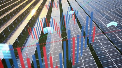 Expansive solar farm under the warm light of the setting sun, overlaid with rising digital graphs, numbers, and stock market data representing growth in renewable energy investments and sustainable - Powered by Adobe