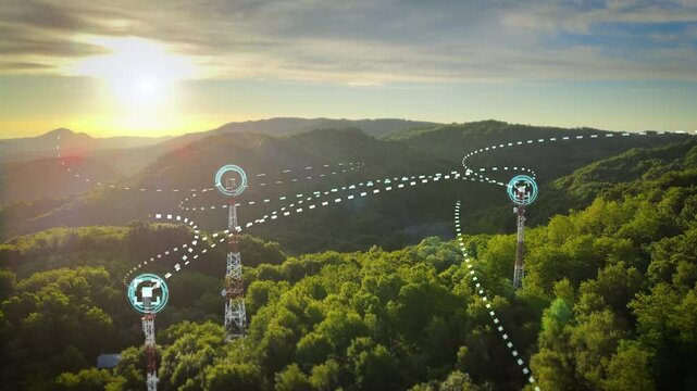 Communication towers in the middle of lush green nature, interconnected by glowing digital lines representing 5G and 6G wireless network coverage. Modern telecommunications connectivity future