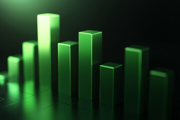 3D render of an abstract green bar graph, simple dark background, minimalistic design