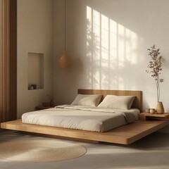 Minimalist bedroom featuring a platform bed and natural sunlight