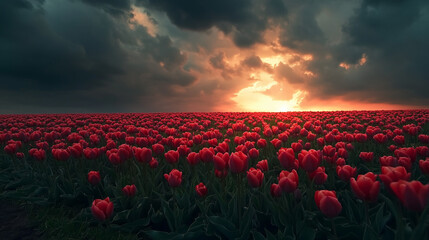 Fototapeta premium Red tulip field with dramatic sunset and storm clouds