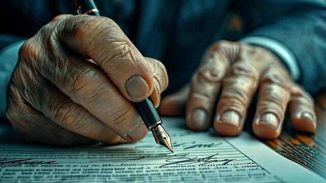 An individual is carefully signing a crucial legal document in a professional office environment while seated at a table