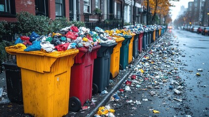 Overflowing trash bins line a city street, surrounded by litter and autumn leaves.