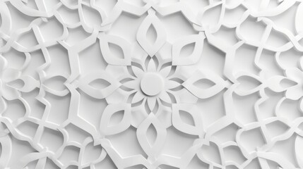 Abstract Islamic background in white, featuring seamless and intricate Arabian patterns, delicate design