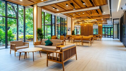 Naklejka premium Modern Lobby, Wooden Furniture, Green View - Biophilic Design