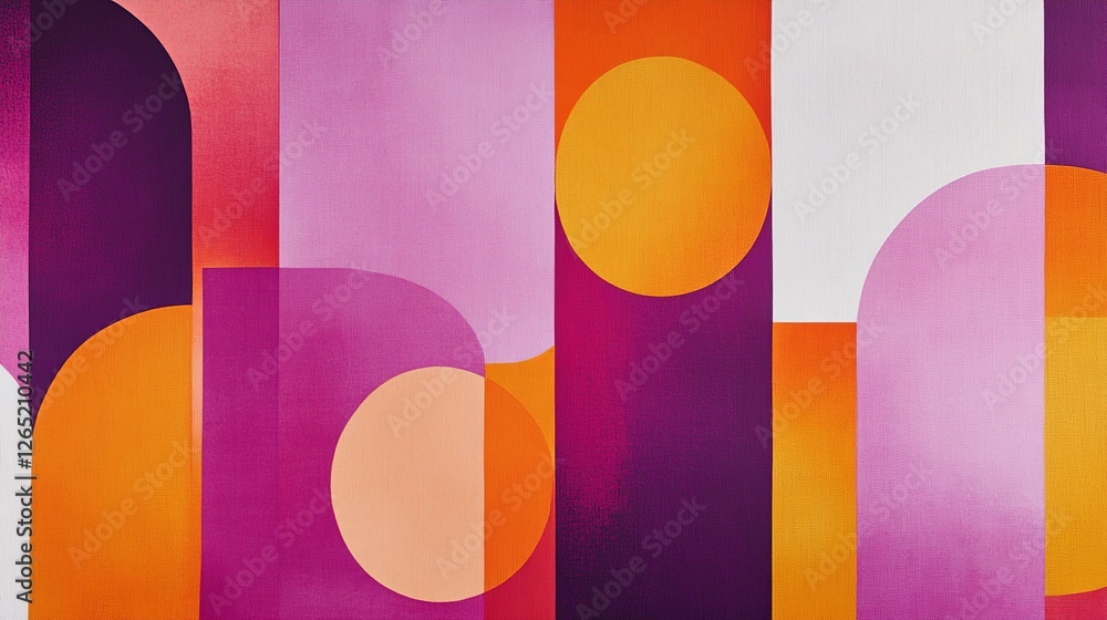 Poster abstract geometric background featuring overlapping purple, orange, and pink rectangular shapes with