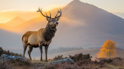 Majestic Stag in Scottish Highlands at Sunrise Golden Hour Serene Landscape with Mountain