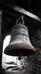 Obraz premium Ancient weathered bell hangs stone ruins.