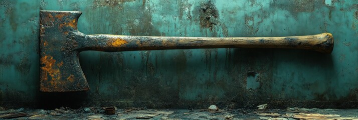 Rusty axe leans against weathered teal wall