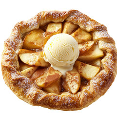 rustic apple galette dusted with cinnamon sugar, paired with a scoop of vanilla bean ice cream, isolated on white background