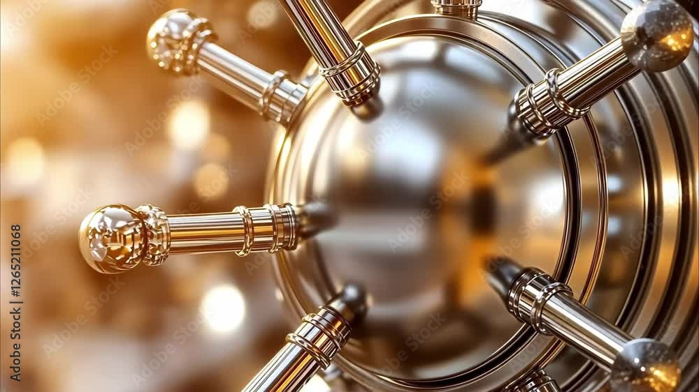 Poster a close-up view of a metallic object with intricate detailing, featuring spikes or rods emanating fr