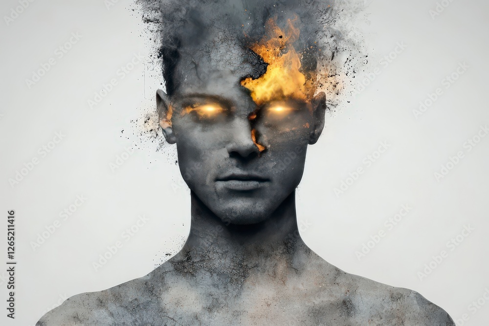 Poster Mysterious Man with Fiery Eyes and Disintegrating Face Summoning Elements of Fire and Dust in Dramatic Composition