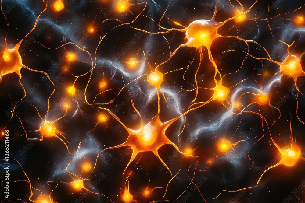 Poster a vibrant network of neurons illuminated in orange and blue, showcasing the connections and activity