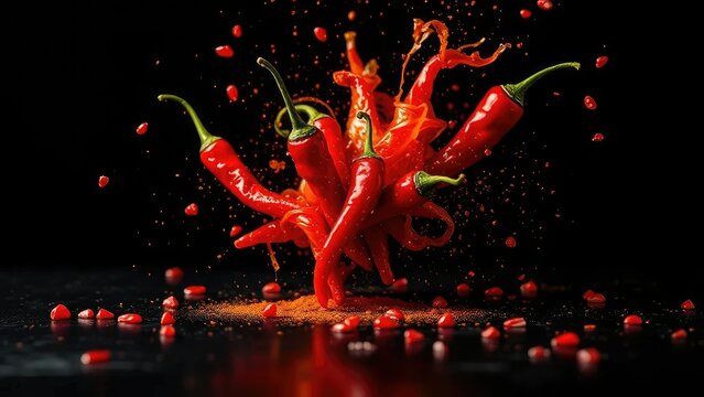 Spicy red hot chillies exploding on black surface, sauce, explosion, shiny