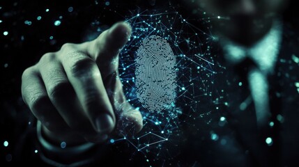 Businessman finger on creative blue finger print button with connections on black background. ID and password concept. Multiexposure.