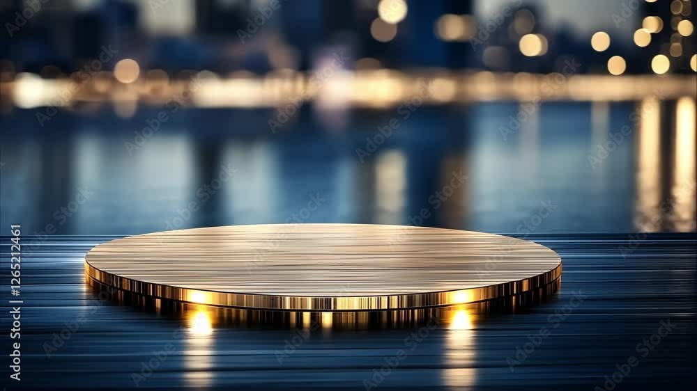 Poster a circular, illuminated platform on a blurred cityscape background, creating a sense of focus and de