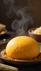 Steaming humita dish on textured plate with warm glow, authentic flavors