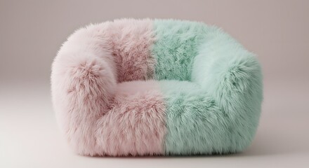Fluffy Armchair with Pink and Mint Green Furry Design on Beige