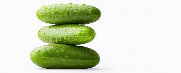 Three Vibrant Green Cucumbers Stacked on White Background