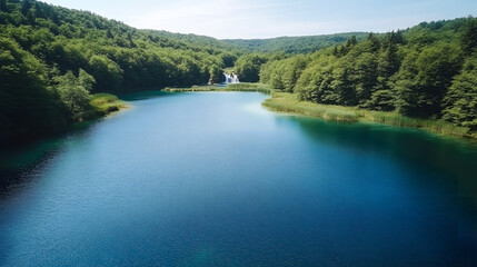 Beautiful nature landscape with a blue lake and green forest, with picturesque waterfalls
