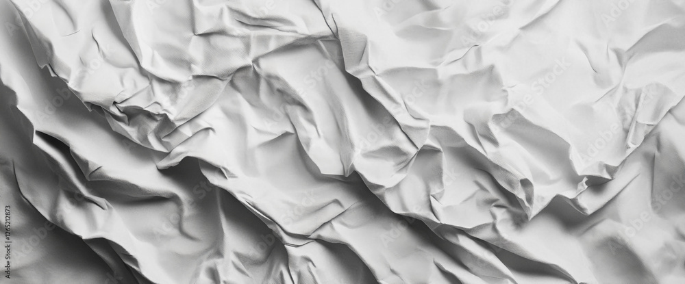 Poster close-up of crumpled white paper with deep folds and creases, showcasing a smooth texture and abstra