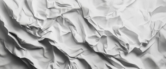 Close-up of crumpled white paper with deep folds and creases, showcasing a smooth texture and abstract lines, symbolizing softness, minimalism, and artistic elegance.