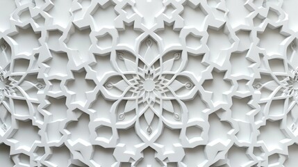 Abstract Islamic background in white, featuring seamless and intricate Arabian patterns, delicate design