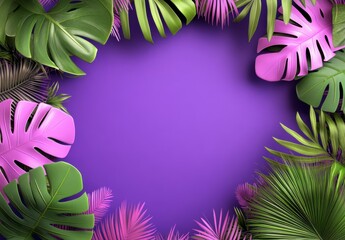 Tropical Leaf Frame on Purple Background