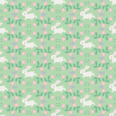 Seamless pattern with white rabbits and pink flowers, green leaves, violet bows on a light green background. Vector Easter editable background.