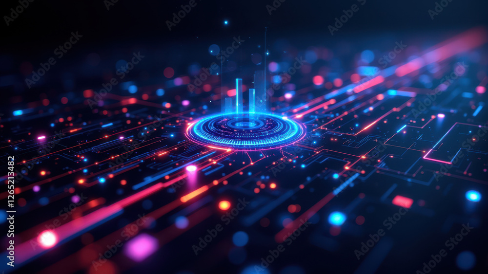 Aufkleber illustration of a network with colorful lines and dots connected by a central hub.
