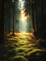 Sunlit forest path moss golden light nature