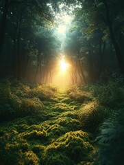 Fototapeta premium Sunlit forest path, mossy ground, tranquil scene