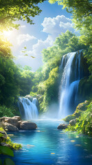 Fototapeta premium Beautiful nature landscape with a blue lake and green forest, with picturesque waterfalls 