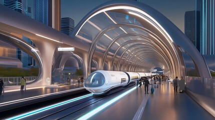 Futuristic hyperloop station with glass tunnels,悬浮 trains