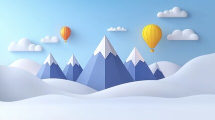 Hot air balloons soar over snow-capped mountains scenic landscape calm day aerial view adventure and freedom